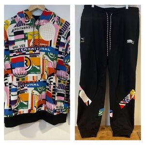 PUMA International Jogger Set Large AllOver Colorful Logo Mens Hipster Kangaroo
